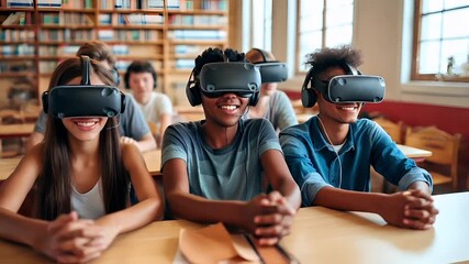 students using virtual reality headsets in library setting. - Powered by Adobe