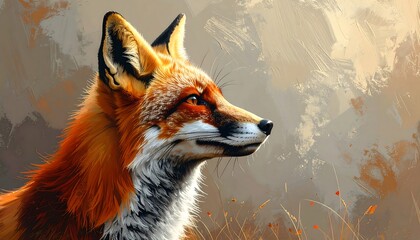 A vibrant red fox, depicted in profile, looks alert with sharp features, fluffy fur, and orange eyes against a brushstroke background