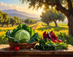 A vibrant sunrise casts a golden glow over a rustic table laden with fresh vegetables, overlooking an orchard & distant mountains