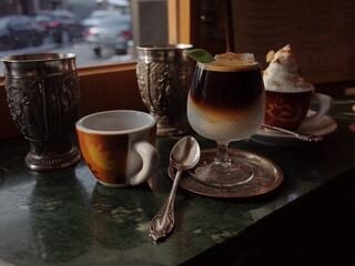 Espresso and affogato coffee set on a green marble table