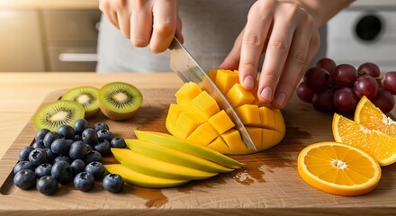 Close-up of a person's hands slicing a mango on a wooden cutting board with assorted fruits including blueberries, kiwi, oranges, and grapes in a kitchen.