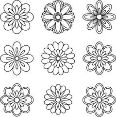 Nine black and white floral outlines on white background