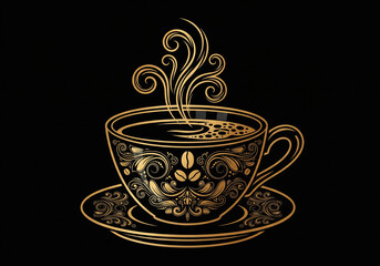 Elegant Ornamental Golden Coffee Cup Illustration with Decorative Steam Design