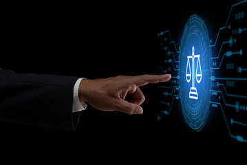 Justice and laws concept. Attorney at law legal business advice lawyer. AI ethics or AI law, developing AI codes of ethics. businessman touching law technology symbol on virtual screen.