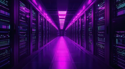 Data center server room glowing with purple light