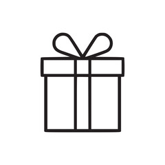 Simple black outline drawing of a gift box with a bow on a white background in a minimalist style