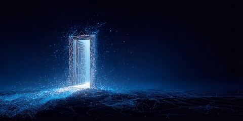 Digital doorway with glowing particles and network connections offers a portal to innovation and technological advancement online
