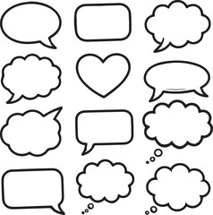 Collection of twelve black and white speech bubbles and shapes on white background