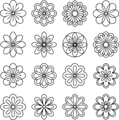 Sixteen black outline floral motifs on white background