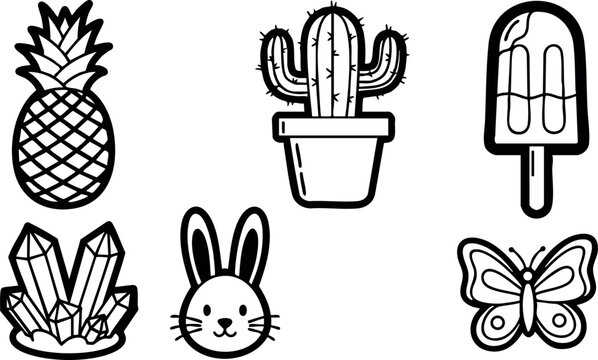 Pineapple cactus bunny crystal popsicle butterfly black line art vector icons collection