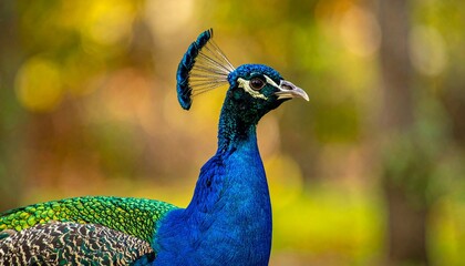 Obraz premium A majestic and elegant peacock captured in a vibrant close-up portrait, showcasing its detailed iridescent feathers and graceful crest.