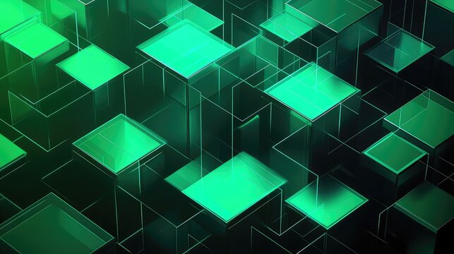 Abstract technological data cubes with glowing green light