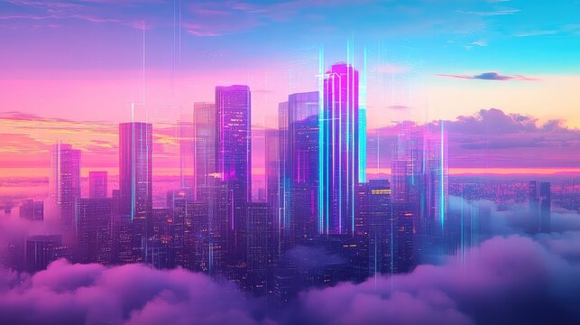 Futuristic cyberpunk city with neon lights and digital data streams