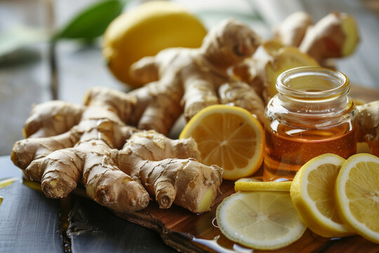 Fresh Ginger, Lemon, and Honey for Natural Remedy