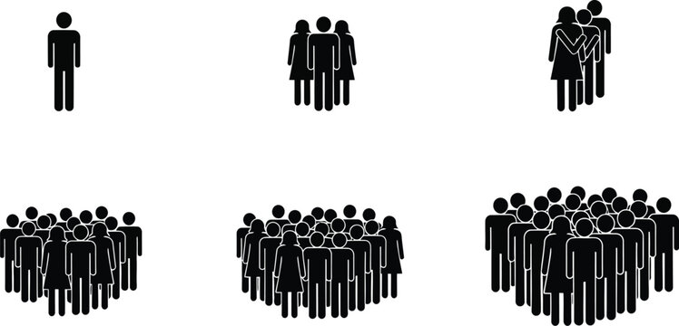 Silhouettes of people showing increasing group sizes and density