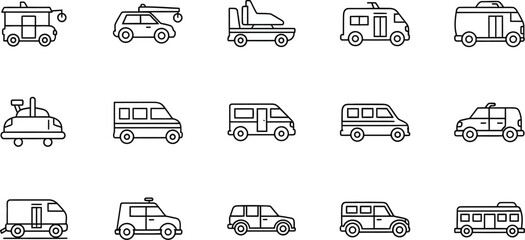 Fototapeta premium Collection of hand drawn vehicle icons in a grid layout