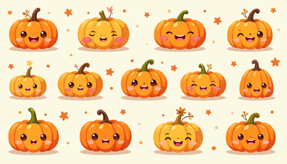 Fototapeta premium Cute cartoon pumpkins with smiling faces arranged in a delightful autumn pattern
