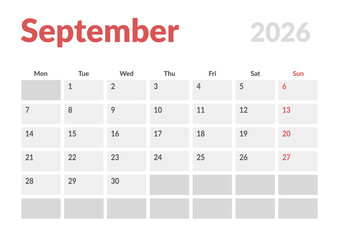 Monthly page Calendar Planner Template design of September 2026. Vector layout of calendar with week start Monday for Scheduling. Page for size A4 or 21x29.7 cm