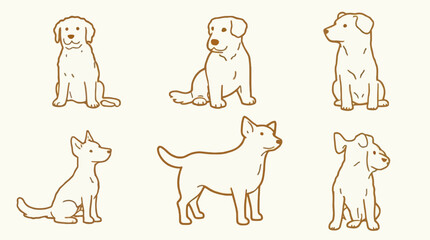 Six adorable line art illustrations of diverse dog breeds in various poses