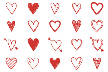 Doodle hearts sketch set. Various different hand drawn heart icon love collection isolated on white background. Red heart symbol for Valentines Day.