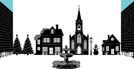 Obraz premium Christmas village silhouette set with church, houses, and snowman. Quaint winter town scene, black vector illustration, isolated on white.