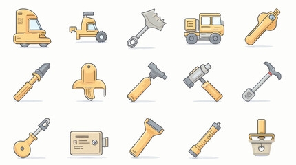 Set of diverse construction and industrial tools and heavy equipment flat vector icons
