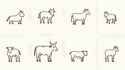 Eight minimalist line art vector illustrations of different cattle breeds