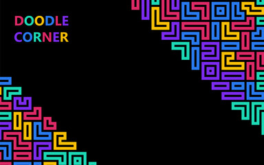 Vibrant geometric doodle corner frame featuring a colorful abstract line pattern on a black background for digital design