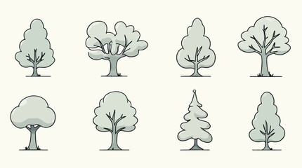 A collection of eight simple vector illustrations depicting various tree types