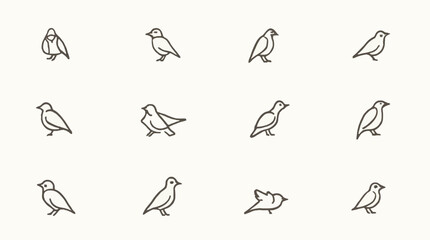 Minimalist line art icons featuring a diverse collection of small birds in various poses