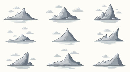 Collection of stylized grey mountain peak vector illustrations with clouds