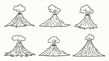 A collection of doodle-style erupting volcanoes with smoke on a white background.