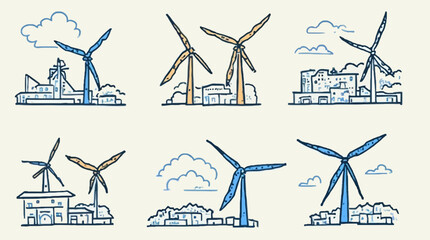Illustrations of wind turbines in diverse urban and industrial landscapes representing clean energy.