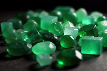 Smooth, polished green gemstones and crystals, minimalist arrangement A minimalist studio arrangement of smooth, polished green gemstones and crystals in various shapes and shades of green. Focus on