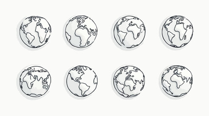A collection of hand-drawn sketchy earth globe illustrations showing different continents and oceans.
