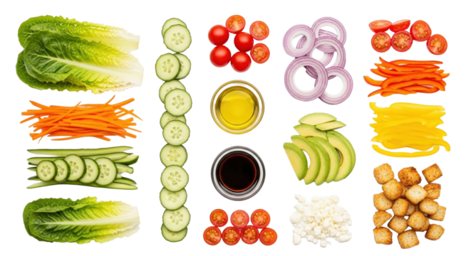 Top View Salad Ingredients in Clean Layout on White  PNG Clean