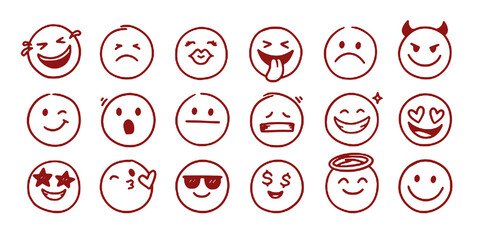 Face emoji icon set. Hand drawn doodle sketch style happy, angry, sad mood face emoticon background. Funny cartoon characters smile, wink, kiss emoji. Cute circle emotion element. Vector illustration
