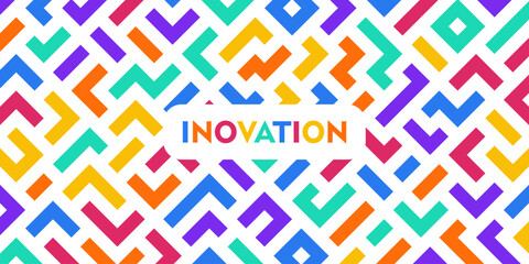 Modern business concept banner with the word innovation on a colorful abstract geometric labyrinth pattern background. Vector illustration