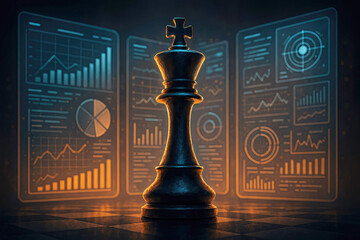 A dark chess king piece is positioned centrally before three glowing digital displays with financial data and charts