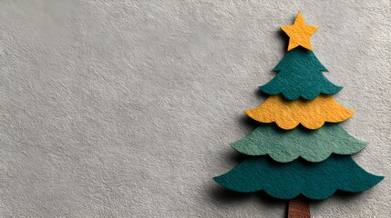 Festive Christmas tree crafted from colorful felt stands against a soft gray background, symbolizing holiday cheer and creative decoration.