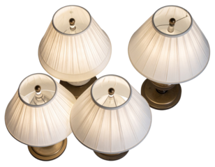  Top-Down Display of Three Fabric-Shade Table Lamps, Artistic Layout, Isolated