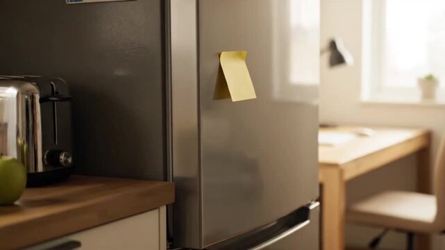 A kitchen counter features a toaster and an apple beside a refrigerator with a sticky note.