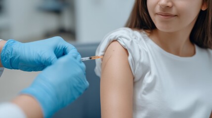 In a bright clinic, a young woman sits comfortably while a healthcare professional gently prepares to give her an injection in the arm. Her smile reflects confidence in the process