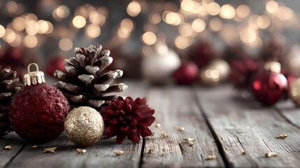 Christmas ornaments and pine cones artfully arranged on a rustic wooden surface with blurred bokeh lights create festive holiday scene.