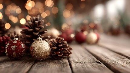 Golden Christmas ornaments and pinecones are beautifully displayed on a rustic wooden surface with a warm bokeh background creating holiday cheer.