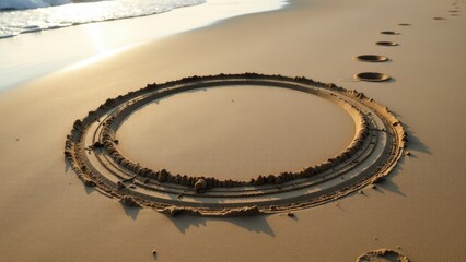 A simple design made from compacted sand on a sunny beach