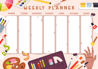 Weekly Planner Template for Artists and Creatives. Colorful flat vector weekly planner surrounded by art supplies like paints, pencils, brushes, and creative tools for artistic scheduling.