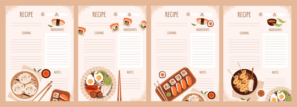 Asian Cuisine Themed Recipe Card Templates Set. Flat vector set of printable recipe cards featuring sushi, ramen, dumplings, and skewers with spaces for ingredients, steps, and notes. - Powered by Adobe