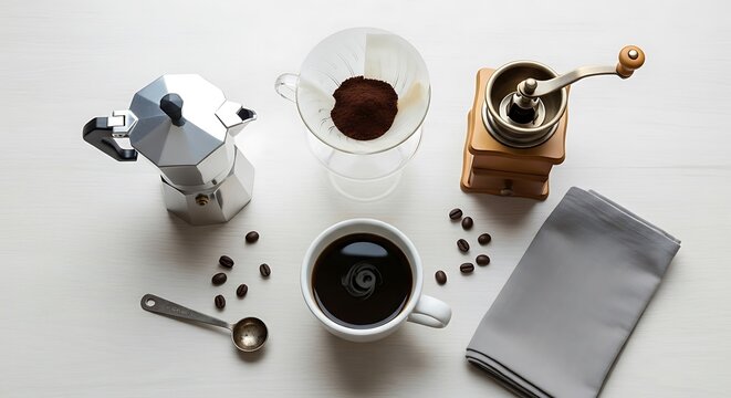 Making a Perfect Brew: Still Life with Coffee, Grinder, Press, Filter, Beans and Napkin on Light Wooden Surface.