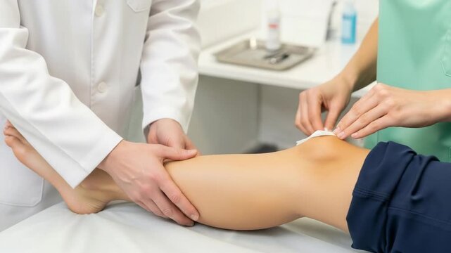Physical therapy session therapist assists patient with leg stretch